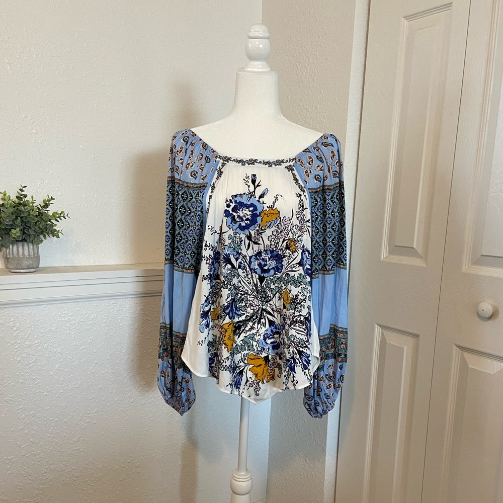 NWOT Free People Positano Blouse blue and multi pattern size XS